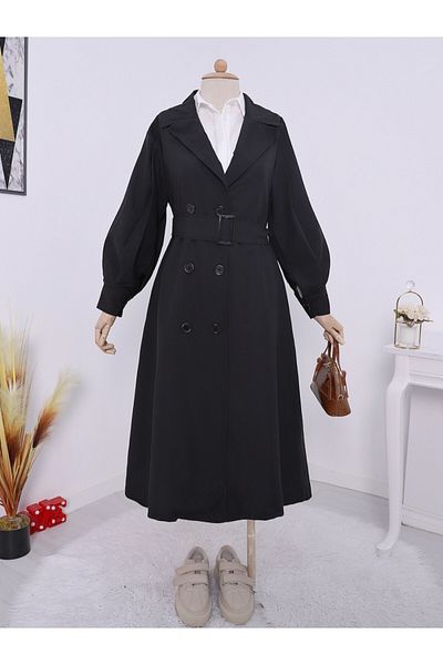 Modamorfo Trenchcoat mit Ballonärmeln, Schnalle, Gürtel und Seitentaschen – Schwarz