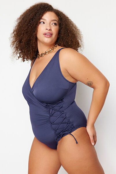 Trendyol Curve Темно-синій двобортний купальник зі шнурівкою TBBSS23AM00034