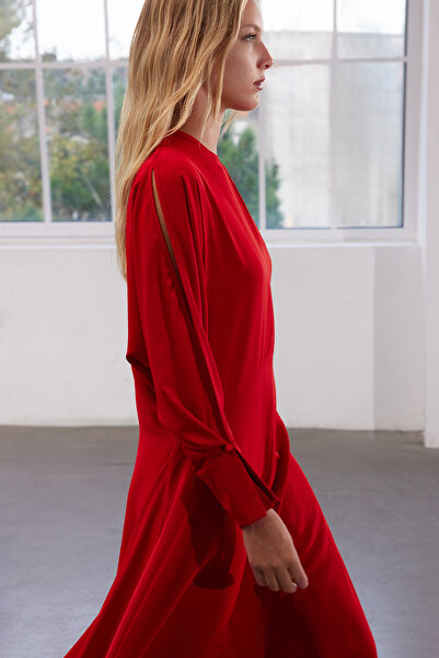 Trendyol Collection Piros Midi szőtt ruha – derékbőséges kreppszövet, limitált kiadású TWOAW25EL00446