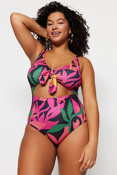 Trendyol Curve Plus-Size-Badeanzug mit mehrfarbigem Blumendruck und V-Ausschnitt – Bindedetail TBBSS23AM00008