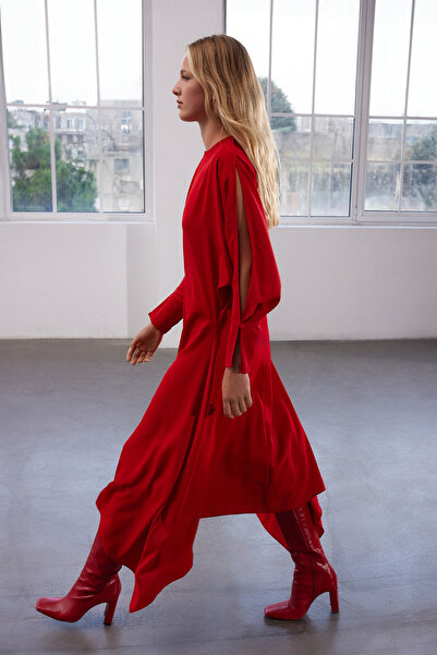 Trendyol Collection Piros Midi szőtt ruha – derékbőséges kreppszövet, limitált kiadású TWOAW25EL00446