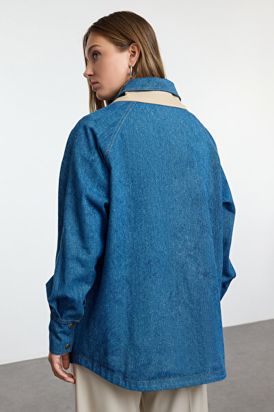 Trendyol Collection Marineblauer, übergroßer Denim-Jackenmantel TWOAW25MO00174