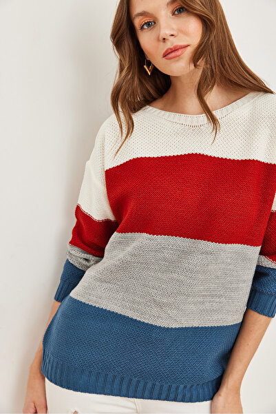 Olalook Dámský svetr z tenkého úpletu Indigo and White Blocked - Kzk- 19000814