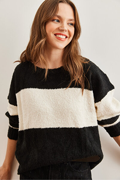 Olalook Pulover de tricotaj negru - Textura moale și dungi groase KZK- 19000823