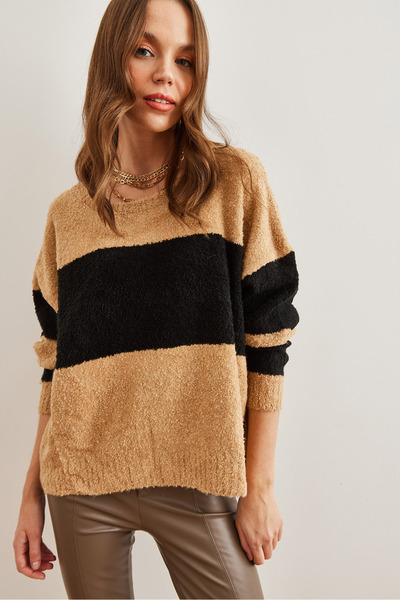 Olalook Camel Colored Soft Knitwear Sweater - Kzk with Thick Stripe Detail 19000823