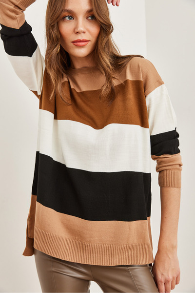 Olalook Tan Color Thick Blocked Women's Knitwear Sweater - Kzk- 19000824