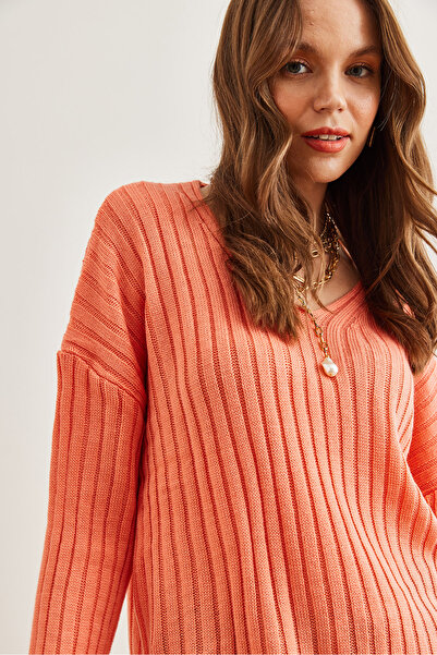 Olalook Kadın Somon V Yaka Fitilli Triko Kazak KZK-19000820