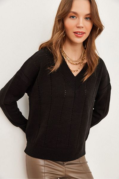 Olalook Pulover de damă, negru, cu decolteu în V, ajurat, tricotaj, KZK- 19000816