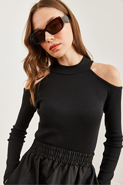 Olalook Μαύρη ελαστική γυναικεία μπλούζα χαμηλού κοψίματος ώμου - BLZ- 19002733