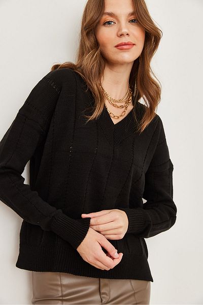 Olalook Pulover de damă, negru, cu decolteu în V, ajurat, tricotaj, KZK- 19000816