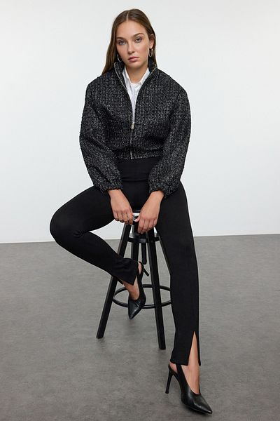 Trendyol Collection Kurtka typu tweed bomber thin jacket - czarny oversize fit Twoaw25Mo00194