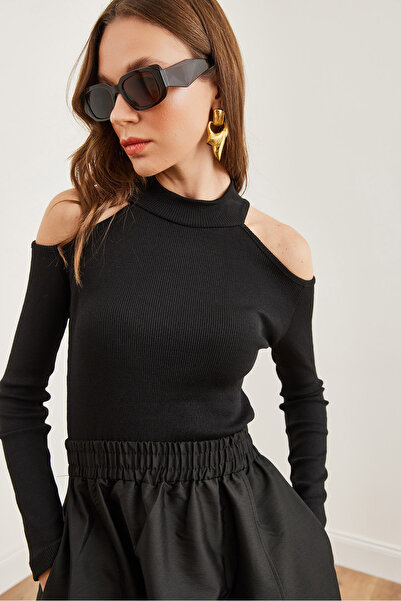 Olalook Μαύρη ελαστική γυναικεία μπλούζα χαμηλού κοψίματος ώμου - BLZ- 19002733