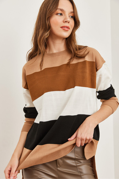 Olalook Tan Color Thick Blocked Women's Knitwear Sweater - Kzk- 19000824