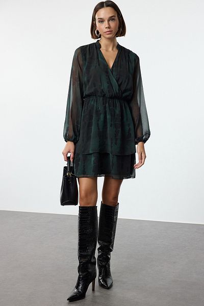 Trendyol Collection Πράσινη Αφηρημένη Εκτύπωση Διπλό Μίνι Φόρεμα Σιφόν - Φόδρα, γιακάς Skater Twoaw25el00255