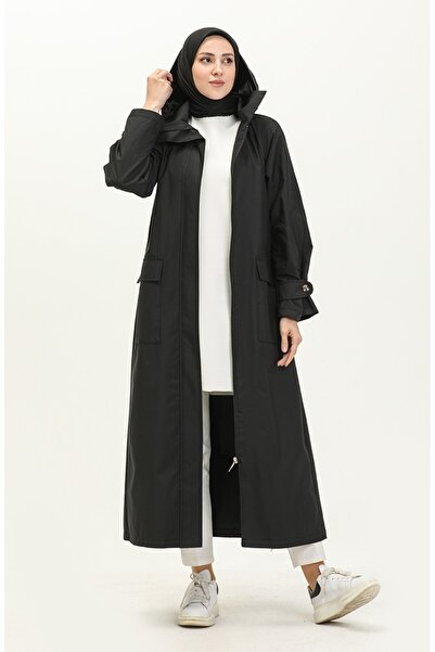Vivezza Kapşonlu Geniş Yaka Fermuarlı Trençkot 6976-01 Siyah