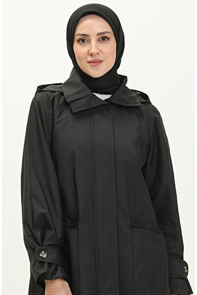 Vivezza Kapşonlu Geniş Yaka Fermuarlı Trençkot 6976-01 Siyah