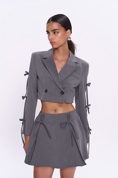Quzu Blazer crop gri - mâneci cu fundă