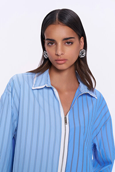 Quzu Blue Striped Oversize Shirt - Front Zipper