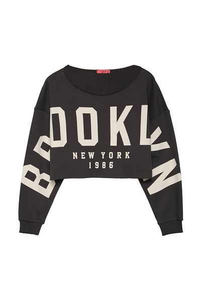 Quzu Dark Gray Crop Sweatshirt - Cut Detail and Printed