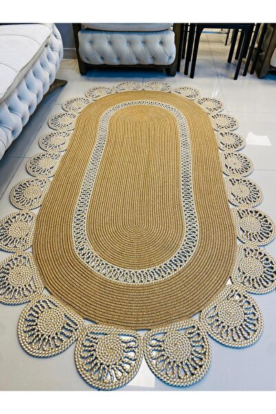 JÜTEX HOME jüt Hasır görünümlü Desenli Modern El Örgüsü oval Halı Kilim