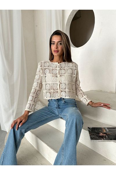Miss Allos Openwork Patterned Women's Jacket - Pearl Button Detail