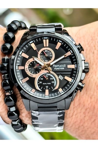 Ferrucci Men's Black Steel Bracelet Wrist Watch - Rosary and Bracelet Design, Functions Active