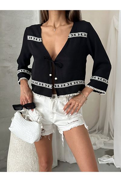Miss Allos Women's Jacket with Tie-Up Stripe Detail - Pompom Sleeve and Skirt