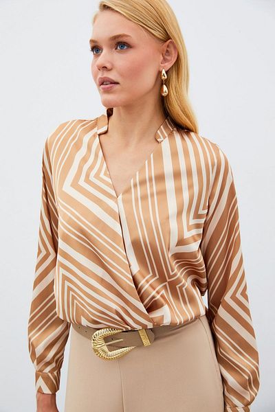 Sateen Double Breasted Patterned Blouse - Brown