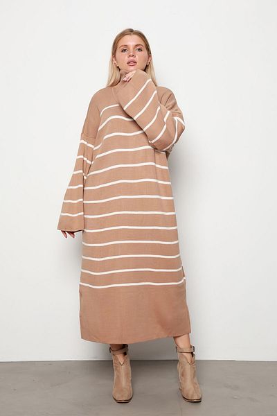 İKLİM LİFE Mink Thin Striped Zippered Knitwear Dress