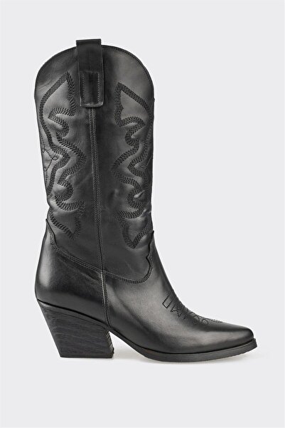 Elle Shoes Siyah Deri Kadın Western Çizme