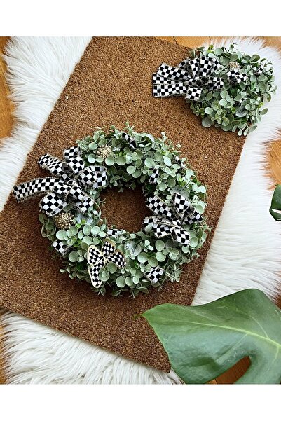 Pusula Hijyen 30x33 Κλασικό πράσινο ξύλινο στολίδι - Στολίδι πόρτας με κορδέλα και χαλάκι γιρλάντα