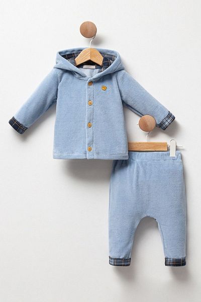 Cassiope Soft Touch Plaid Detailed Hooded 2-Piece Set for Baby Boy - Front Button and Elastic Waist