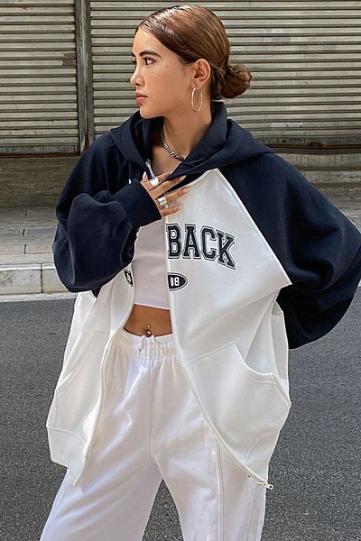 Know Marineblauer Damen-Cardigan – Look Back-Print, Kapuze und Reißverschluss