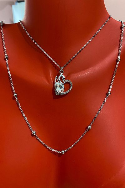 Bourgogne2021 Heart Model Swan Color Stoned Silver Women's Necklace Set