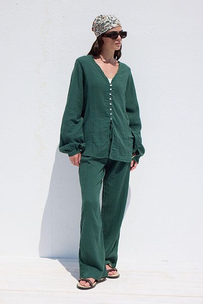 Manuka Comfortable Cut Muslin Trousers - Emerald