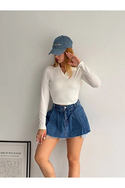 Swana Λευκή μπλούζα Polo Crop με ραβδώσεις με λαιμόκοψη - Slim Fit