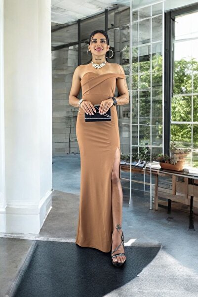 ALFUDO Moda Collection Tek Omuz Kiremit Gece Abiye Elbisesi