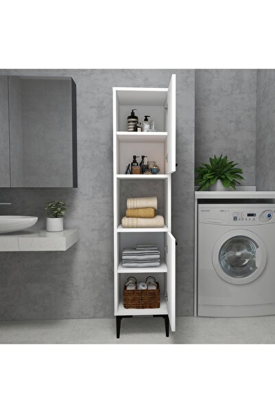 ARNETTİ Daminol 5 Raflı 2 Kapaklı Çok Amaçlı Banyo Dolabı – Beyaz, Dar Alanlara Uygun