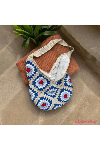 Satürn Hobi Knitted Evil Eye Bead Motif Lined Shoulder Bag