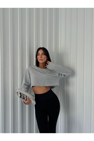 Genel Markalar Gri Crop Bisiklet Yaka Sweatshirt