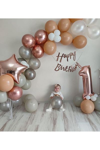 Çemrek Süs Parti Rose 1 Year Old Balloon Decoration Set 55 Pieces Including Rose Banner and Balloon Stand
