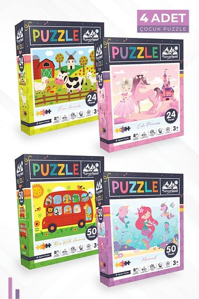 Neverland 4-Piece Children's Puzzle - Farm Animals, Cute Princess, Bus and Mermaid Design