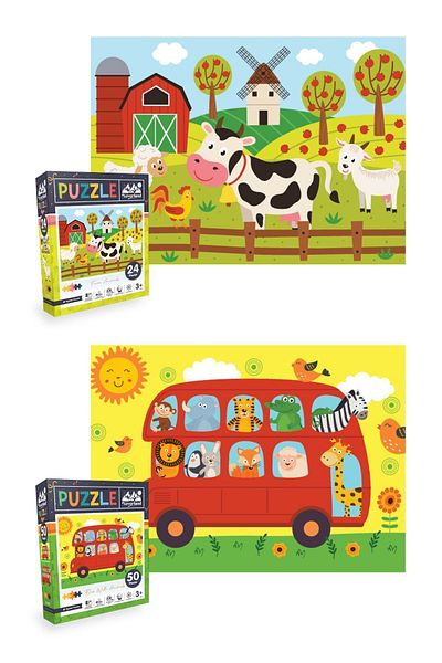 Neverland 2-Piece Children's Puzzle - 24 Pieces Farm Animals and 50 Pieces Animals with Bus