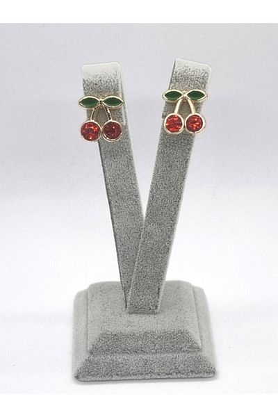 JEWELRY Gold Colored Cherry Earrings with Cute Figures for Women and Children - Stone Detailed