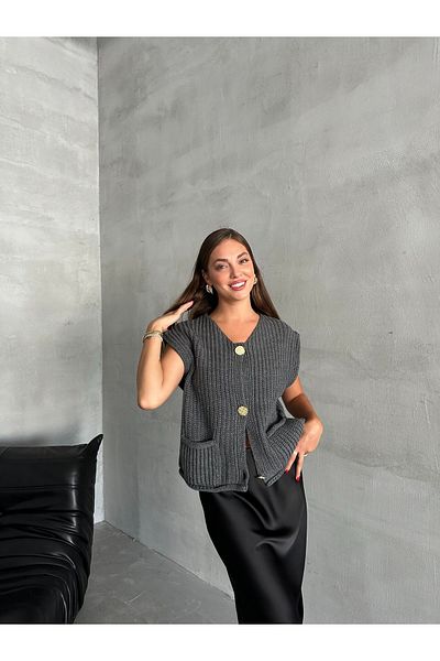 Laluvia Smoked Sweater with Three Gold Buttons