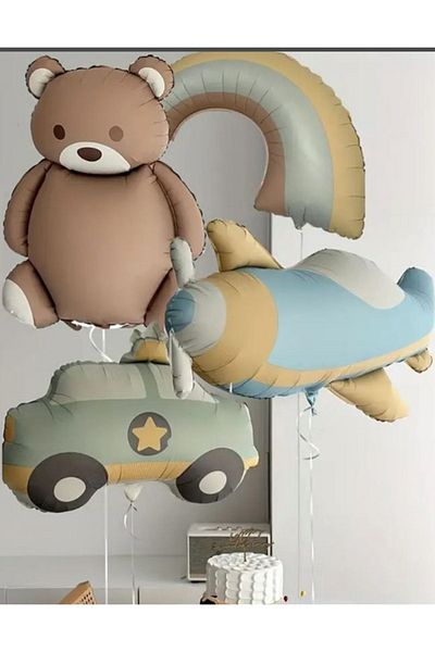 Çemrek Süs Parti Retro Teddy Bear Rainbow Airplane and Police Car Foil Balloon Set 4 Pieces
