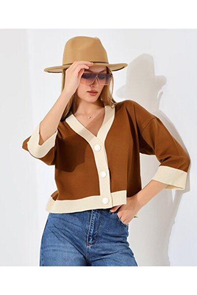 OXEDCO سترة نسائية محبوكة بأزرار باللون البني