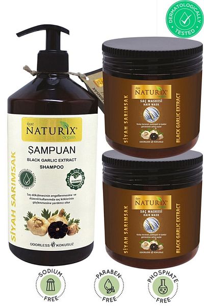 Naturix Black Garlic Shampoo - Odorless, 600ml + 2 Pieces of Unscented Garlic Hair Mask, 500ml