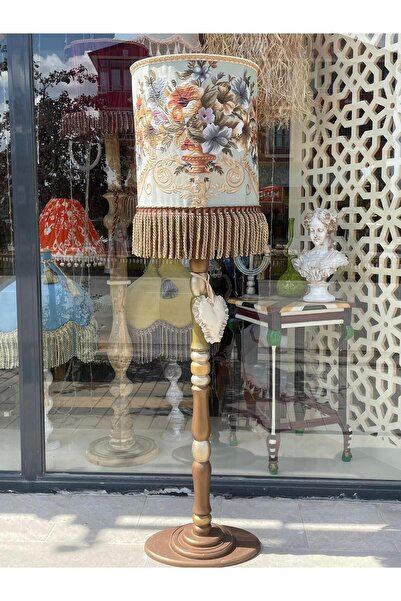 artsondekorasyon Dokuma Goblen Eşsiz Tasarımlı Lambader, Ahşap Ayaklı, Aydınlatma aksamı dahil. (178cm yükseklik)