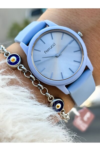 Ferrucci Marka Yumuşak Silikon Kordon Mavi Renk Kadın Kol Saati+Nazar Boncuklu Bileklik